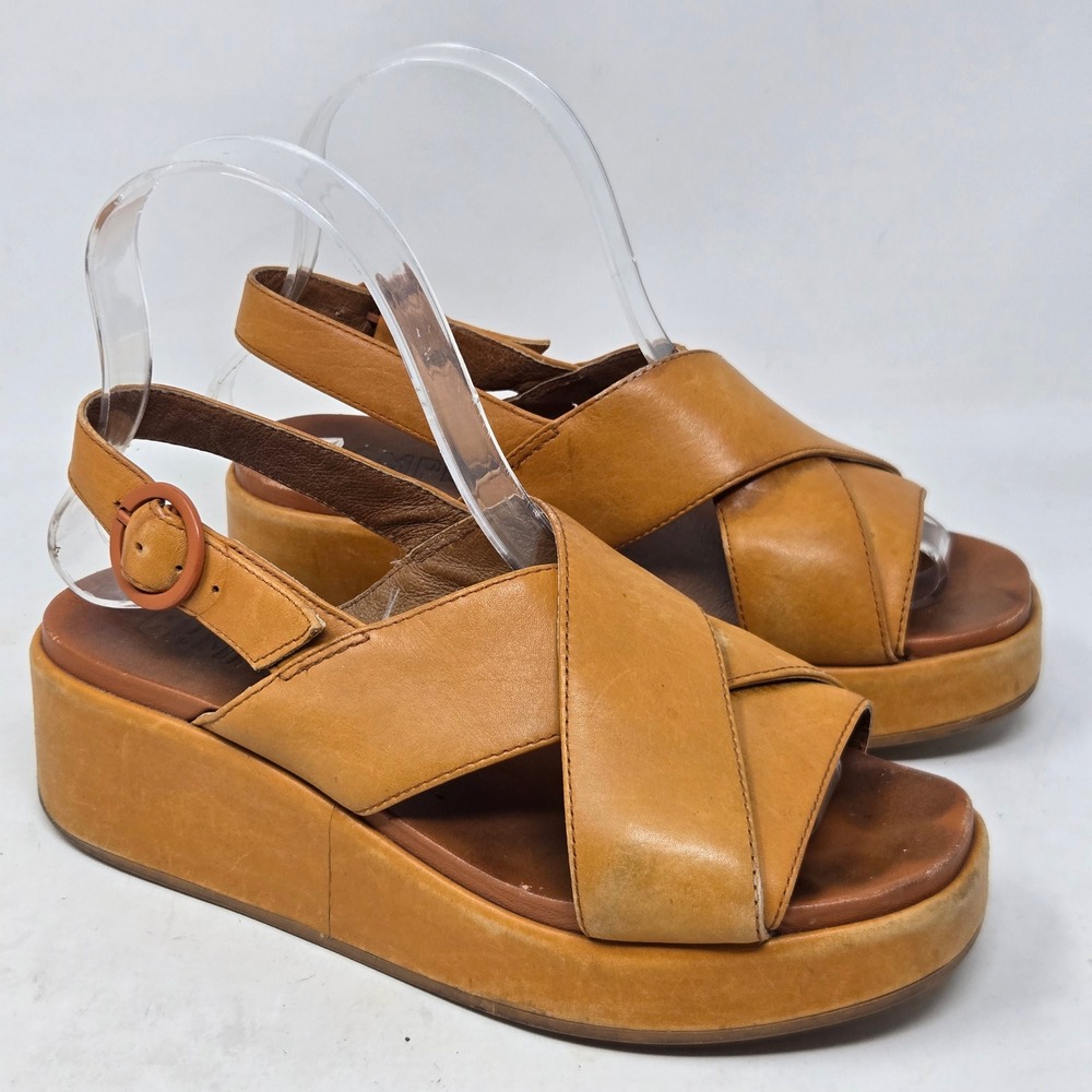 Camper Misia Tan Leather Cross Strap Platform Wedge Sandals K200985-004 Size 36